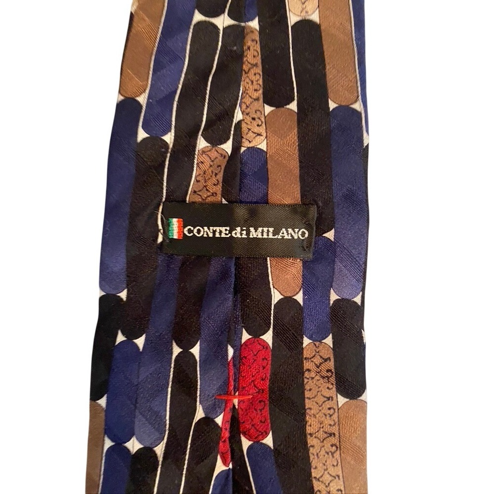 Conte di Milano Mens Silk‎ Tie Geometric Navy Blue Black Tan Red Made in USA